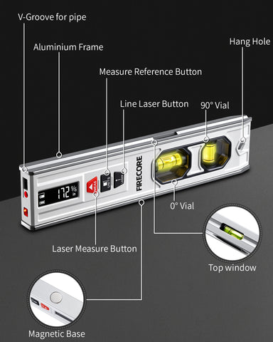 Firecore FSL201MR- 3-in-1 Laser Level with  65ft Laser Distance Measure & 32ft Laser Line & 9 Inch Torpedo Level Magnetic with Light