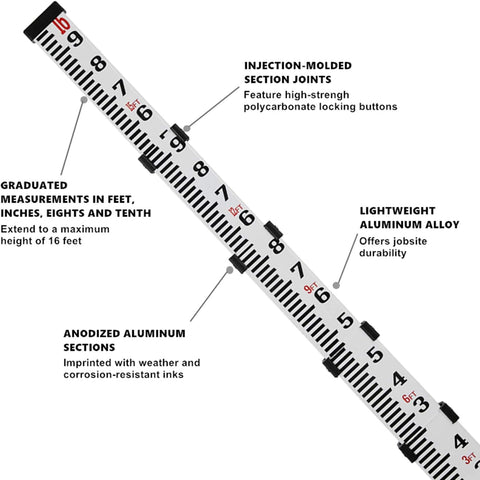 Firecore ‎FLR500B- 16-Foot Aluminum Telescopic Grade Rod 10ths, 3 Sections  with Bubble